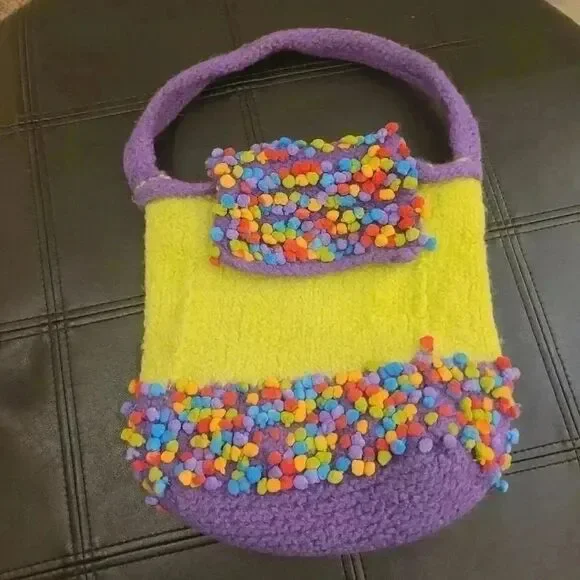 Old Bags Women's Green/Purple Wool Yarn Knit Top Handle Handbag EUC - Picture 2 of 9